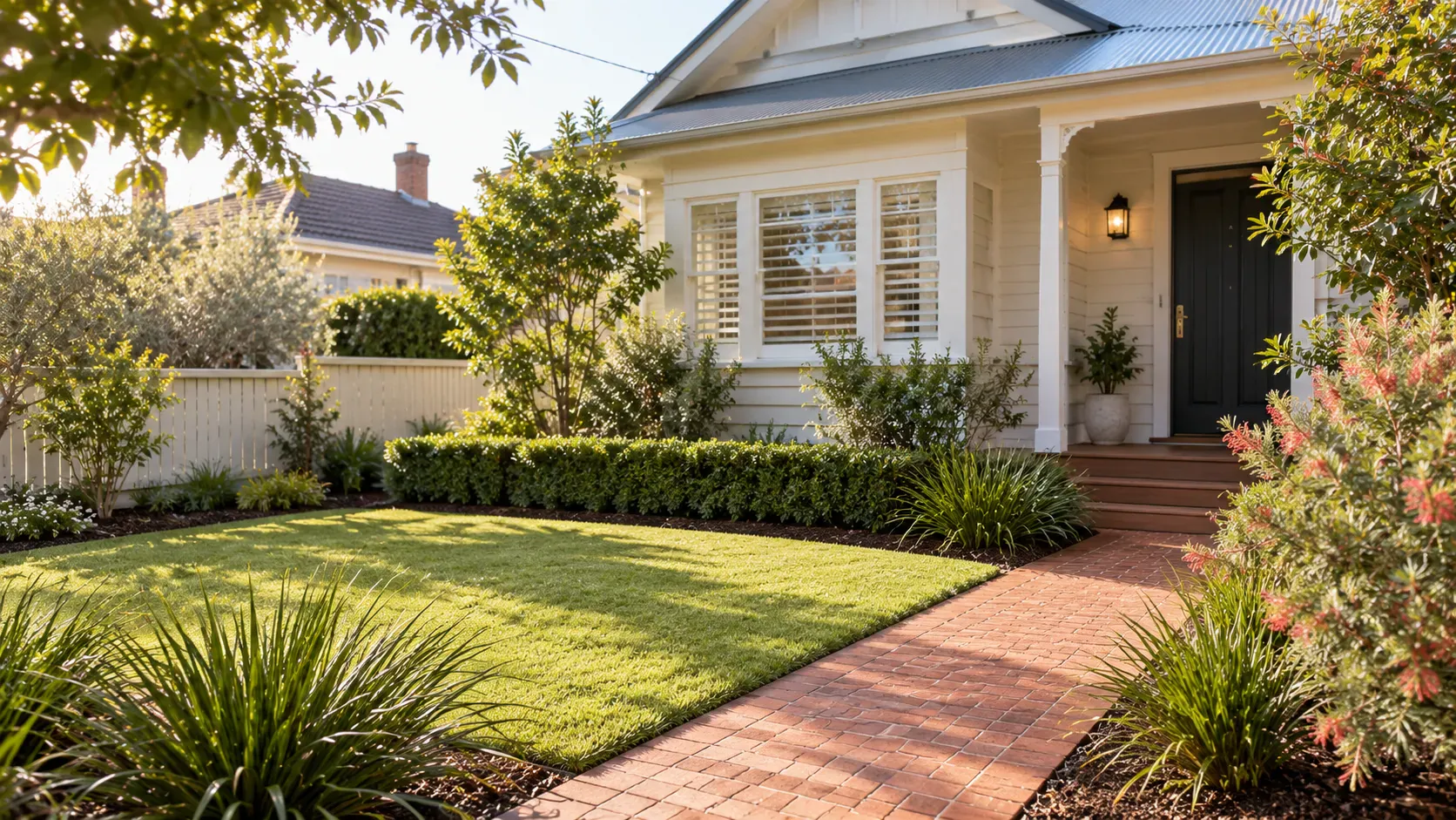 A neatly weeded front garden with a fresh lawn and brick path