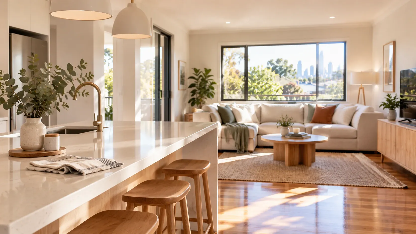 A bright, freshly cleaned open-plan kitchen and living room