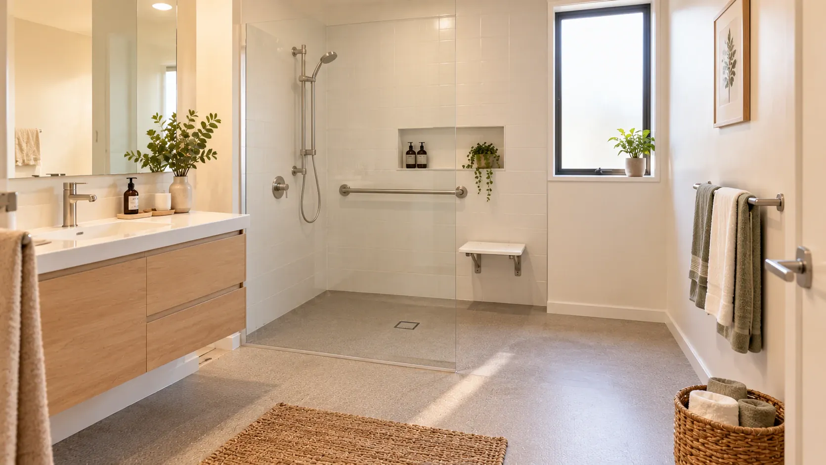A tidy, accessible bathroom with a walk-in shower and grab rail