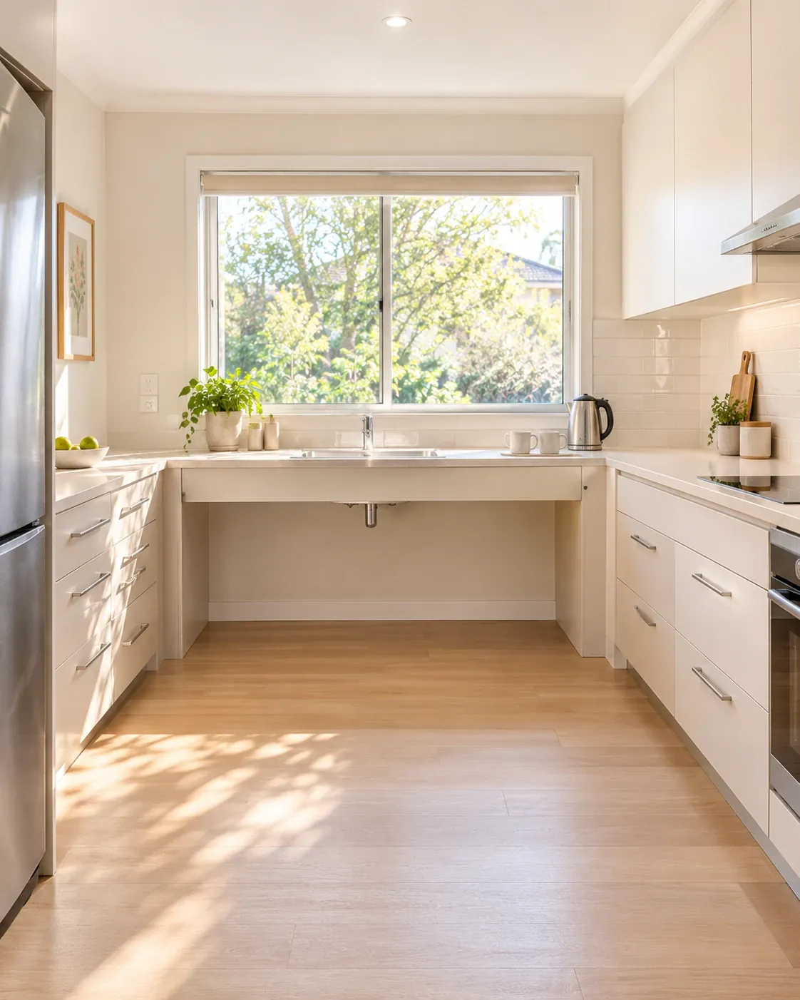 A bright accessible kitchen with a lowered sink bench and open space underneath