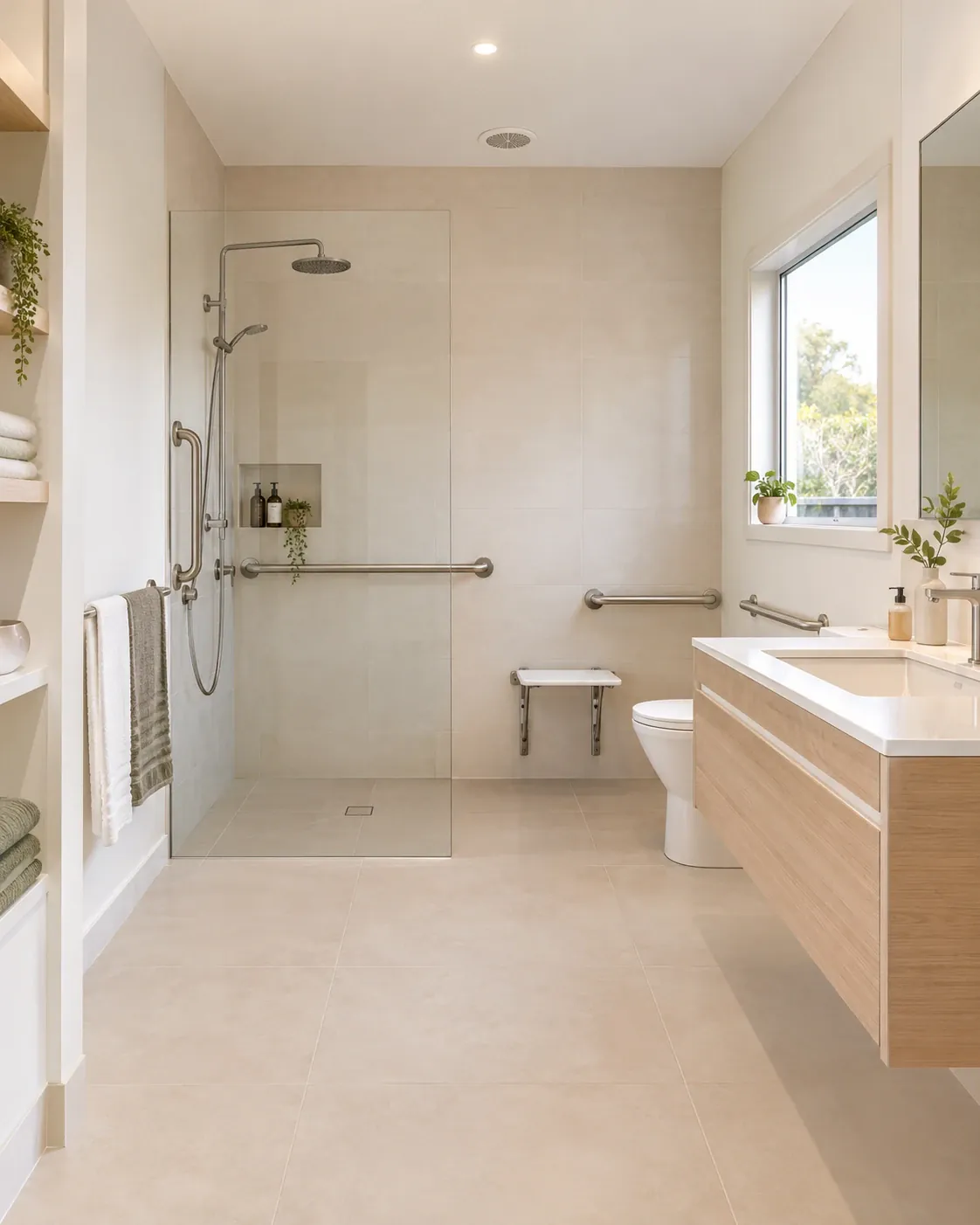 A spotless accessible bathroom with a step-free shower, fold-down seat and grab rails