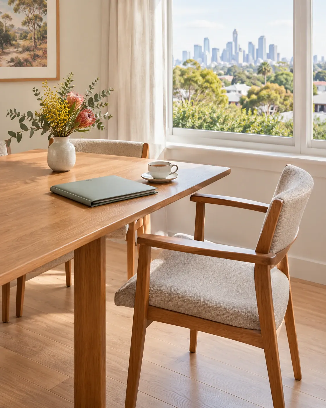 A tidy dining table by a sunny window with a folder, a cup of tea and native flowers