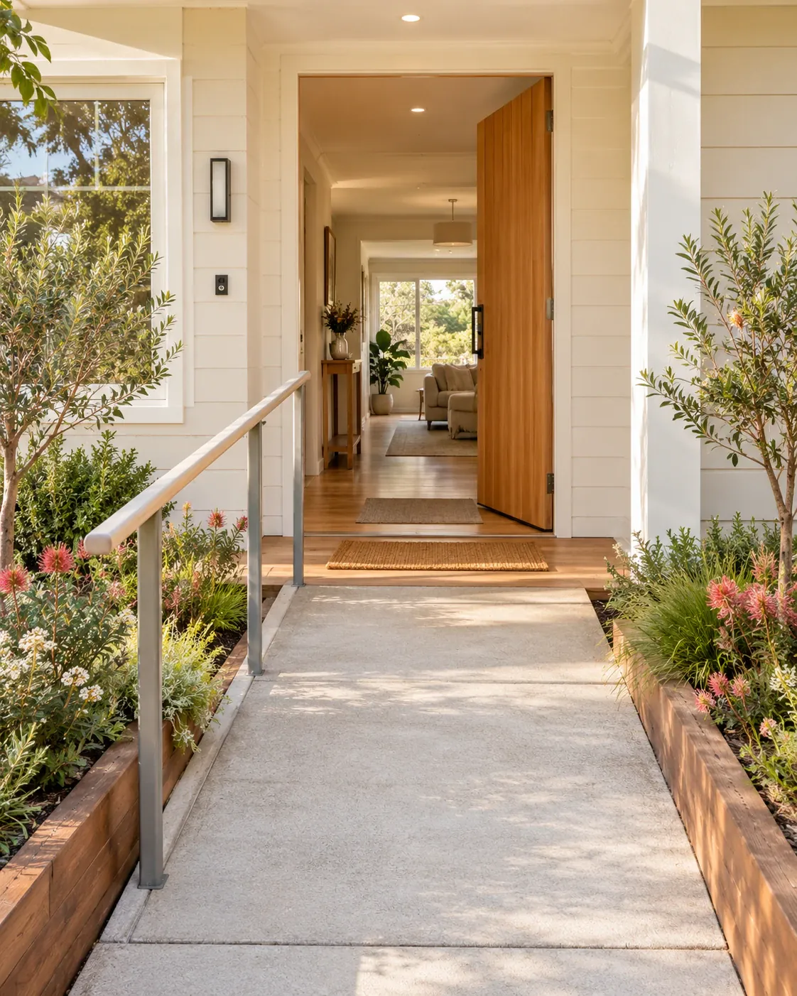 A gentle ramp with a handrail leading up to a wide open front door